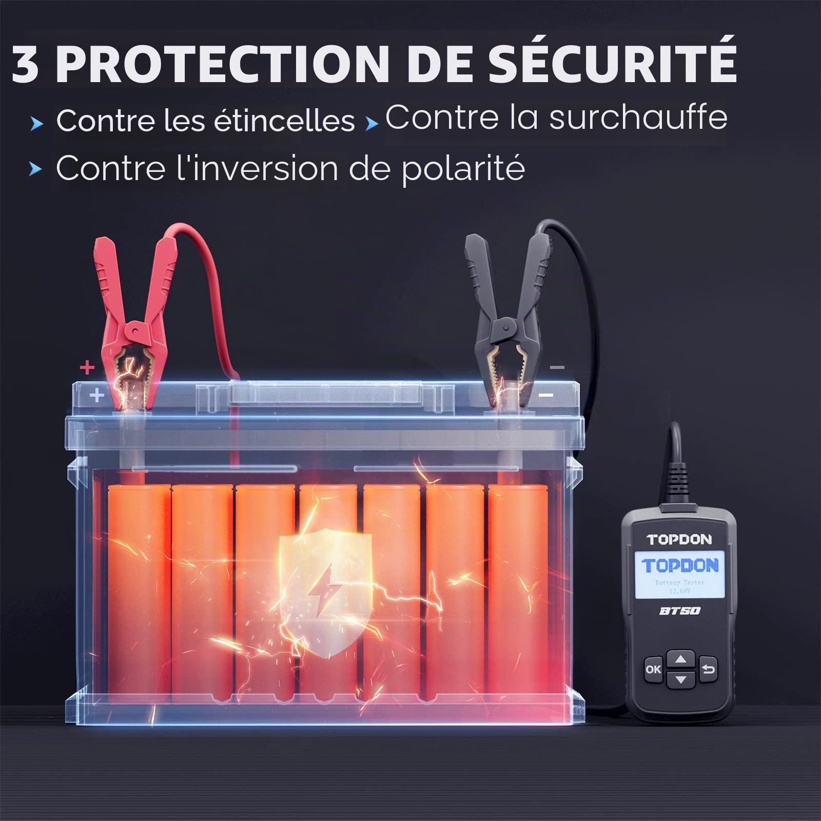 TOPDON BT50 Testeur de batterie, 12V testeur de batterie de voiture 100-2000 CCA vérification de la santé de la batterie test de démarrage charge, analyseur d'alternateur de batterie de test, noir