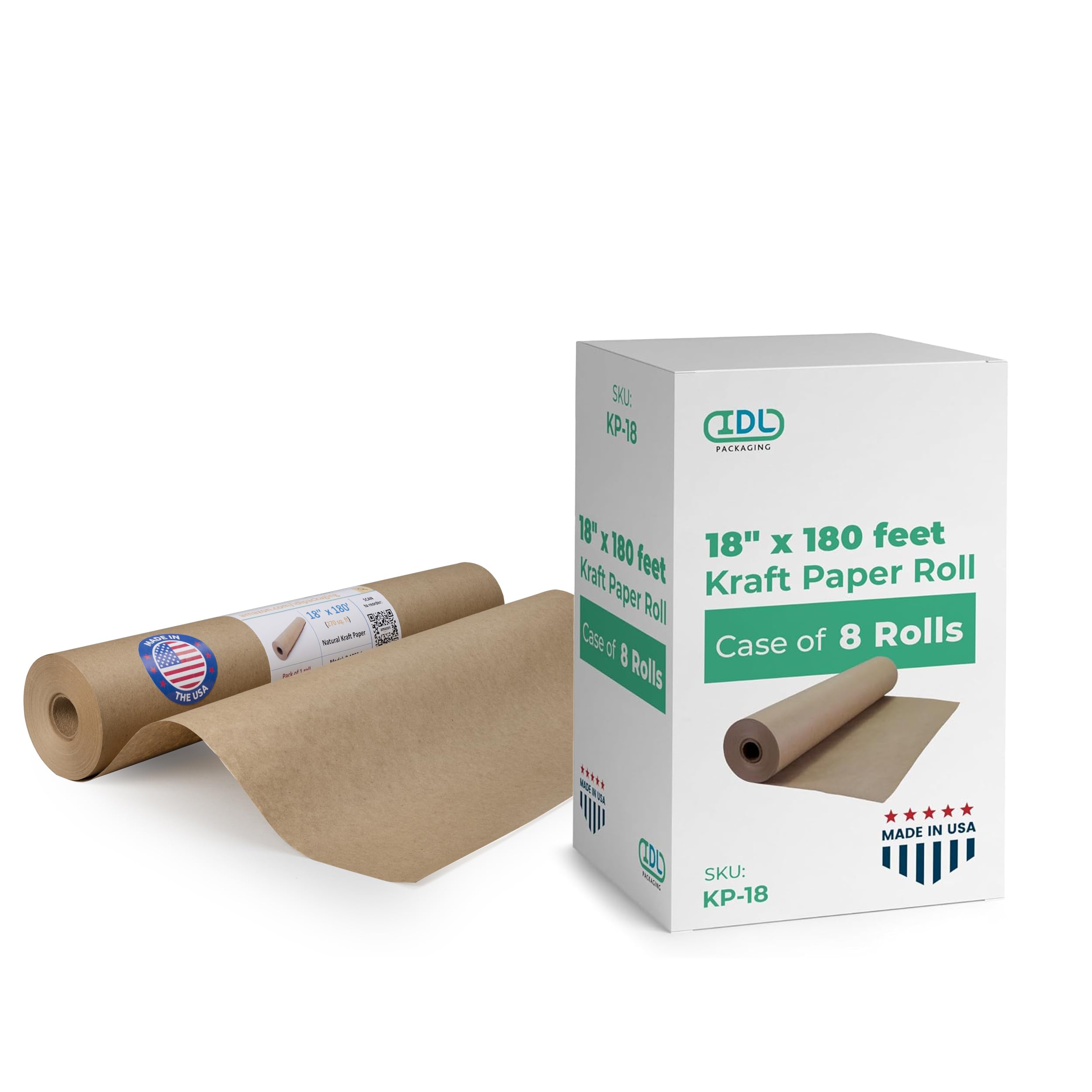 IDL Packaging Rollo de papel kraft marrón de 18 pulgadas x 180 pies (2160 pulgadas) para embalaje (caja de 8), mantel, arte y otros proyectos