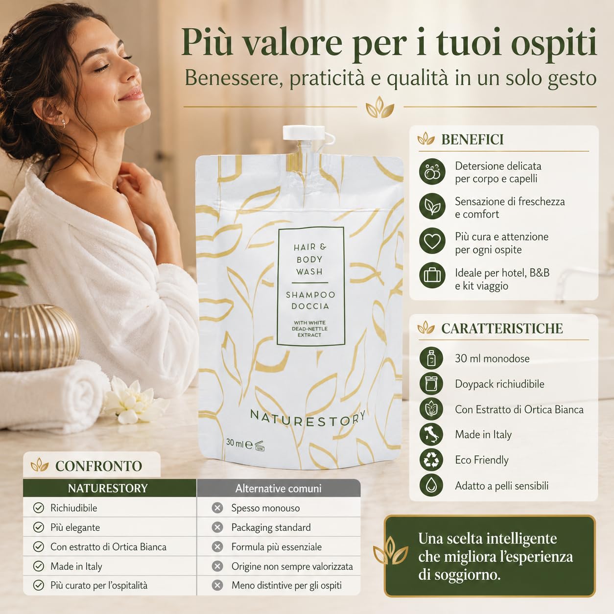 Shampoo Doccia Monodose 30 ml Doypack Richiudibile Linea Cortesia Hotel B&B Estratto Ortica Bianca Delicato Pelli Sensibili Made in Italy Eco Friendly Kit Viaggio Ospiti