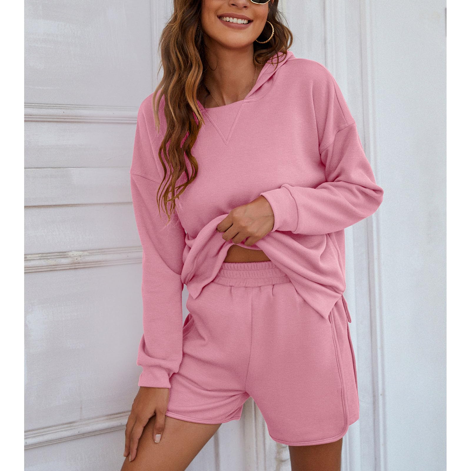 Conjunto de pantalones cortos de manga larga para mujer, holgado, 2 piezas, con capucha, para el hogar