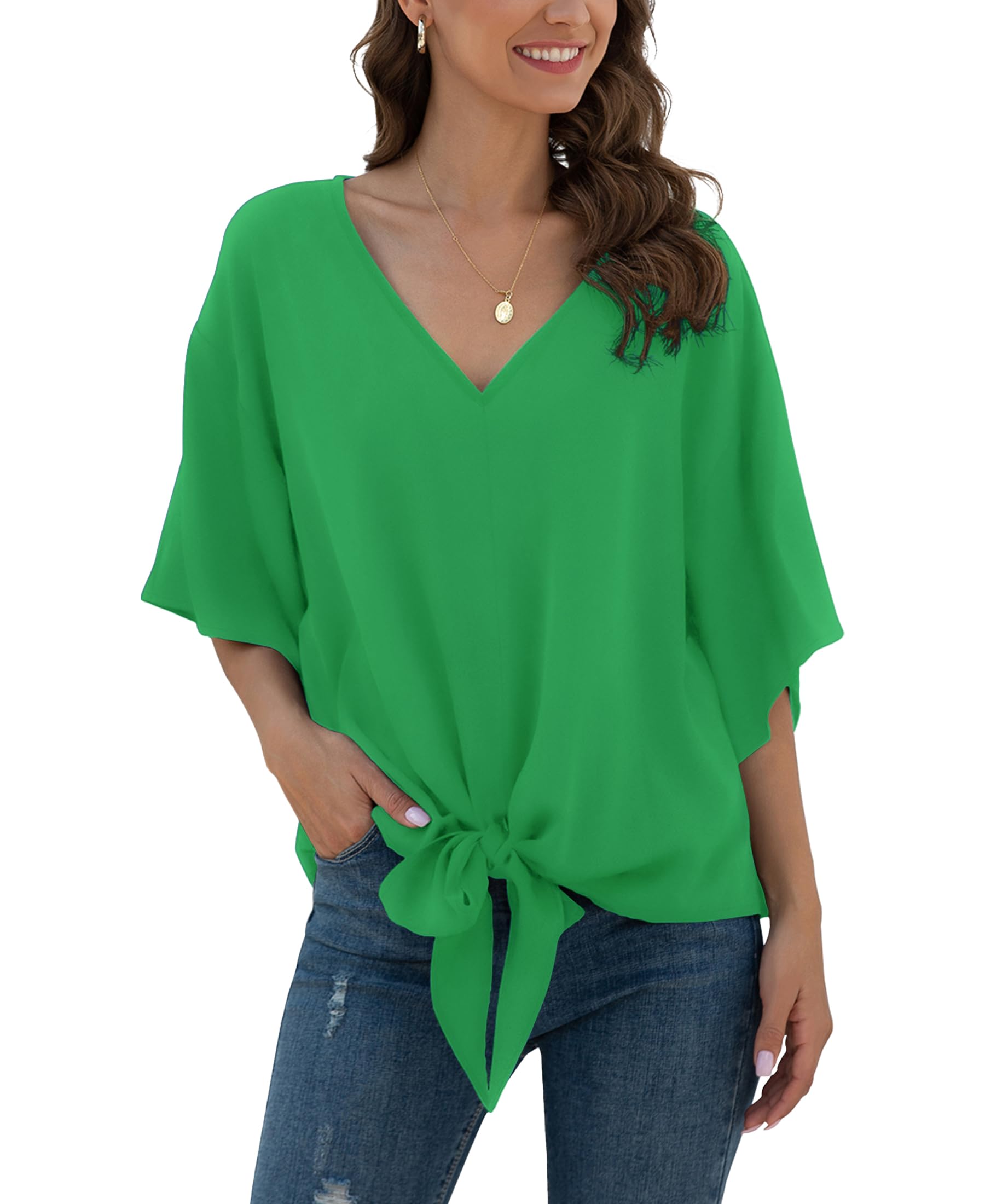 Anelune Damen Chiffon Bluse zum Knoten, Sommer Kurzarm Oberteile | V-Ausschnitt Tunika, Elegant Tops, Loose Casual T Shirts, Tie Front Bluse mit Trompetenärmeln
