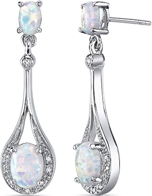Peora Created White Fire Opal Dangle Earrings 925 Sterling Silver, Halo Drop Oval Shape, 3.50 Carats total, Friction Backs, October Birthstone Earrings, Iridescent Fire Opal Jewelry