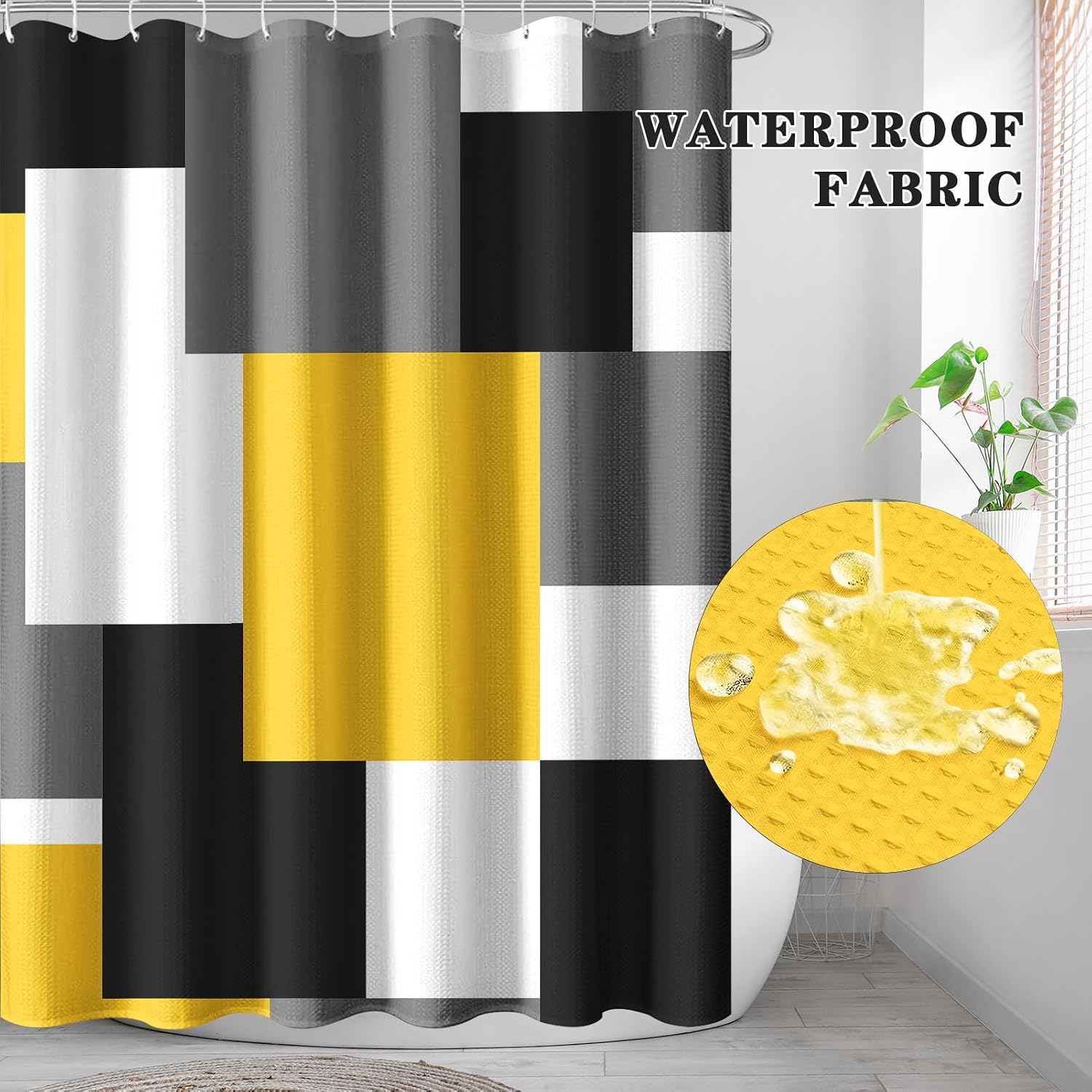 Geometric Yellow White Shower Curtain Set, Black and Gray Modern Bathroom Window Waterproof Shower Curtain Set for Bathroom Decor