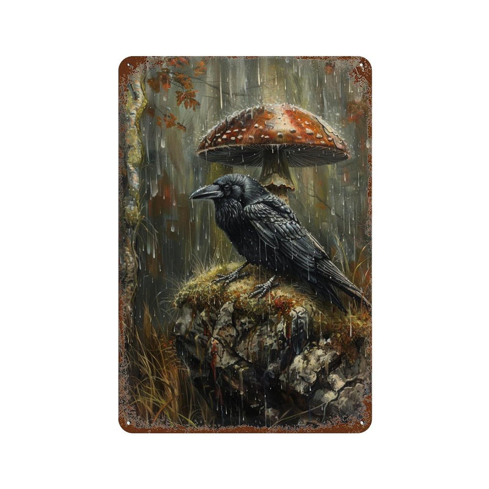Rainy Forest Raven Rust Effect Tin Sign 11.8"x7.9", Rustic Home Decor for Garage, Pub Or Kitchen