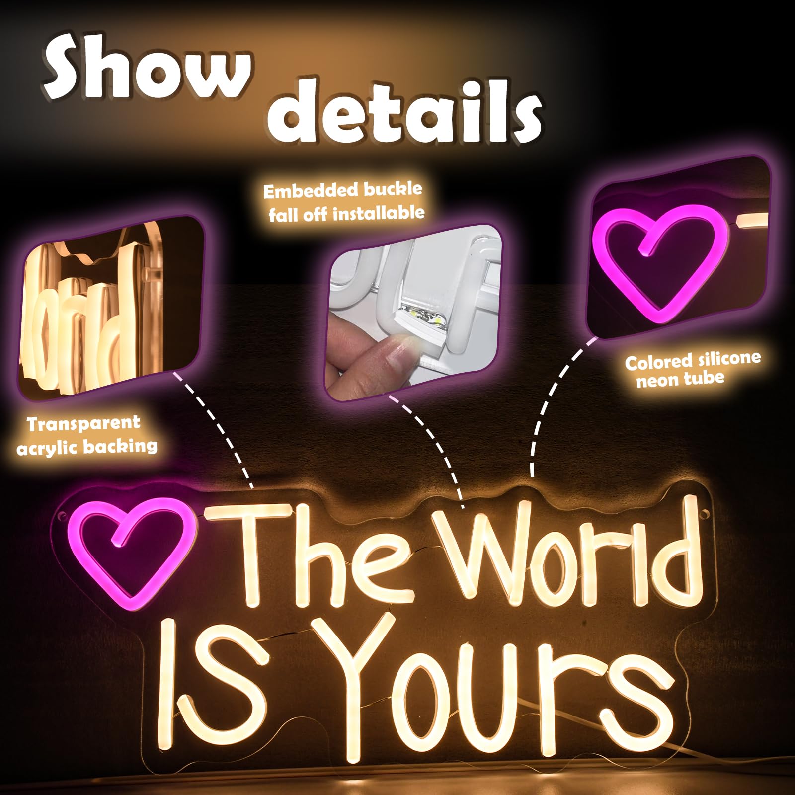 The World IS Yours Neonschild Today für Hochzeit, Geburtstag, Mädchen, Party, Wanddekoration, dimmbar, USB-betrieben, rosa Sonne und rosa Herz, motivierendes Geschenk für Frauen