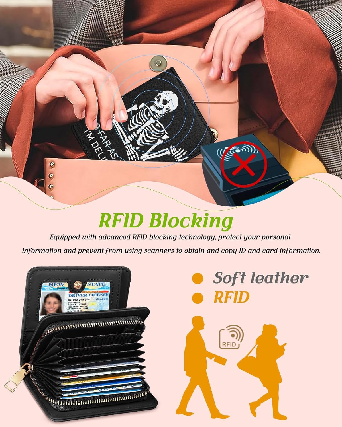 Bistup Credit Card Holder Wallet for Women Cute Leather Ladies Teen Girls Female Cardholder Wallets Accordion Purse Small Medium Aesthetic Print Skeleton Modern Design Rfid Zipper Around - Image 5