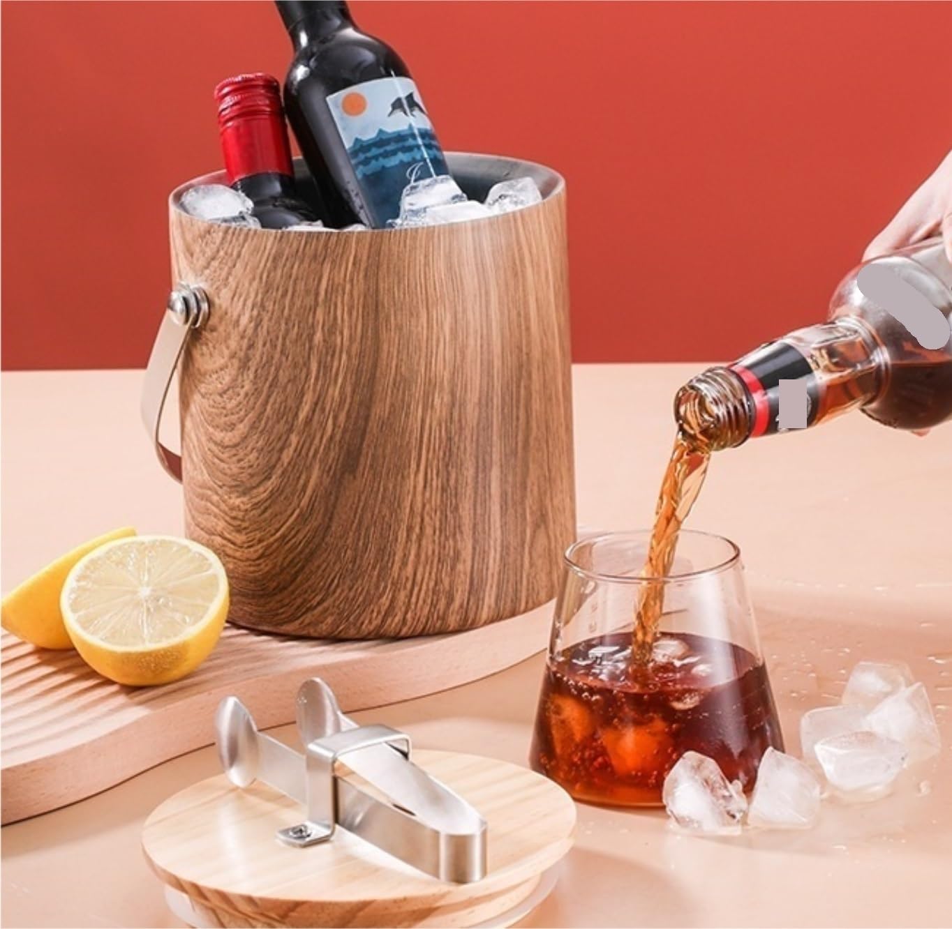 Cubitera Cubo De Hielo con Pinza For Tapa, Acero Inoxidable, For Bebidas, Ideal For Eventos Al Aire Libre Bar Accessories(Bruin,18X18CM)