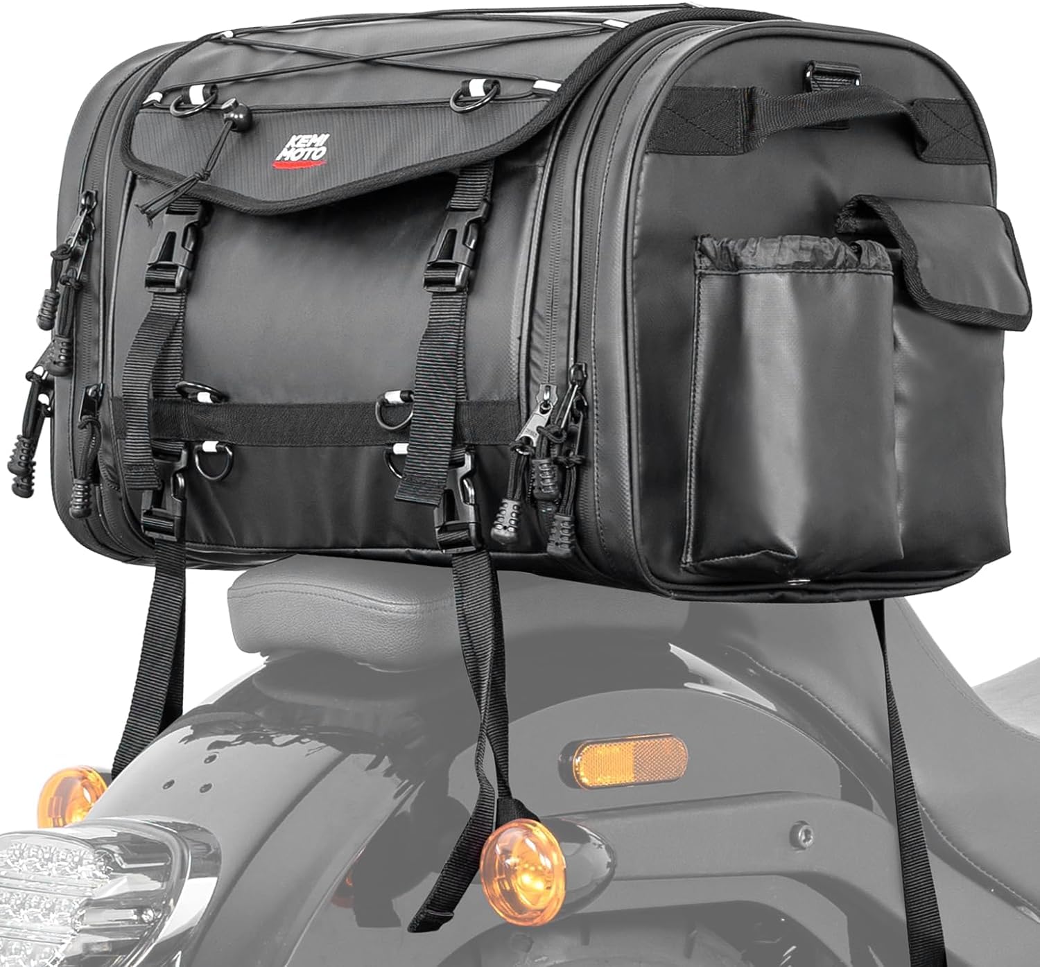 KEMIMOTO Sac de Selle Moto Arrière, 45-65L Sacoche Moto Extensible Grande Capacité, Sac à Bagages Étanche avec Housse de Pluie pour la Plupart des Motos