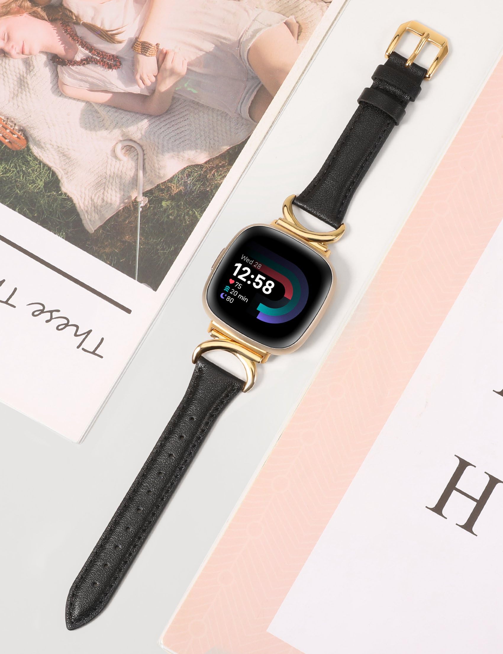 TOYOUTHS Leather Strap Compatible with Fitbit Versa 4/Versa 3/Sense 2 Women Slim Thin Dressy Elegant Premium Leather Strap with C-Shaped Metal Buckle for Versa 4 - Image 4