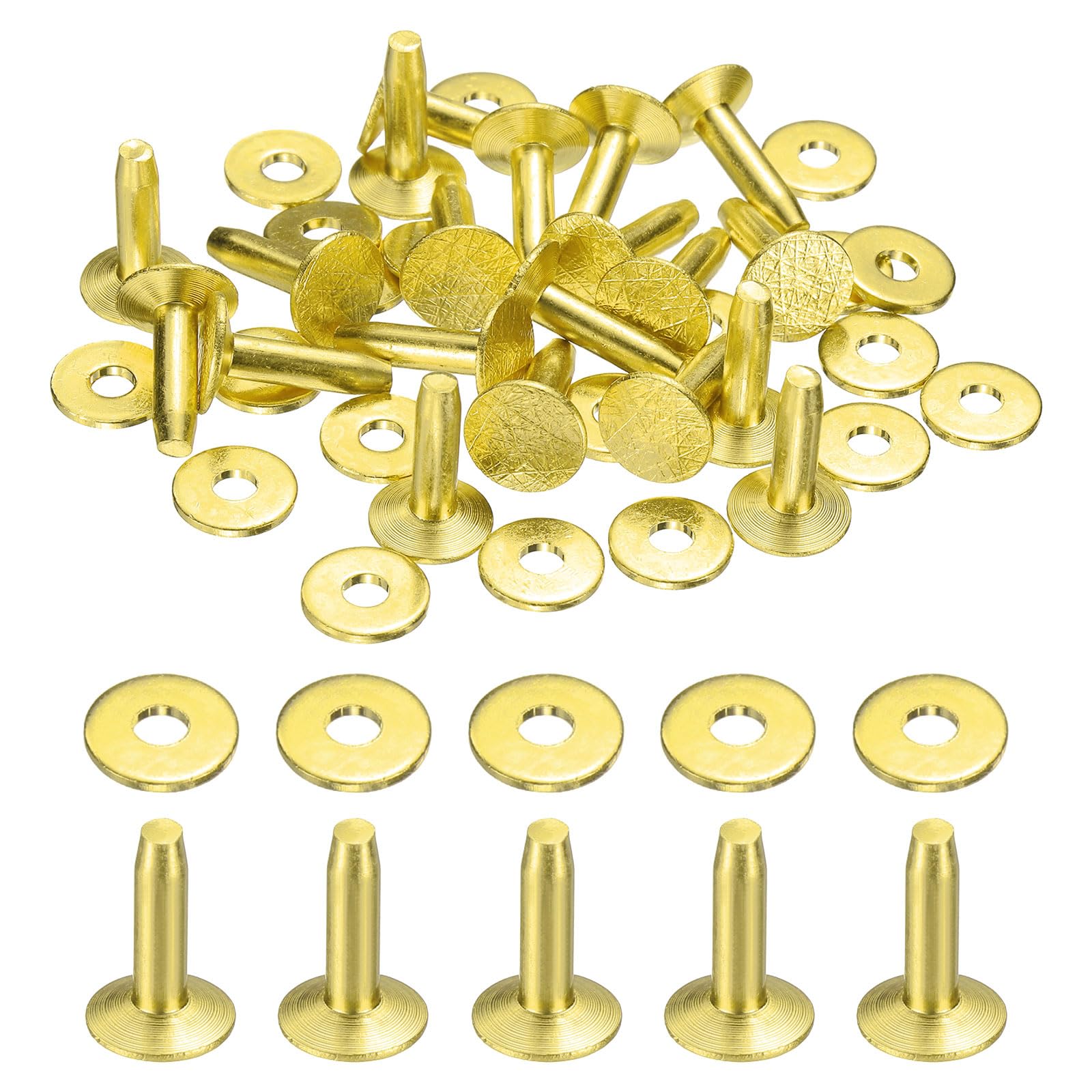 sourcing map 20Set Copper Rivets and Burrs Washers 9x3.3x12mm Polish Finish Copper Solid Leather Rivet Fastener Studs Posts for Leather DIY Craft Belts Wallets Collars, Gold Yellow