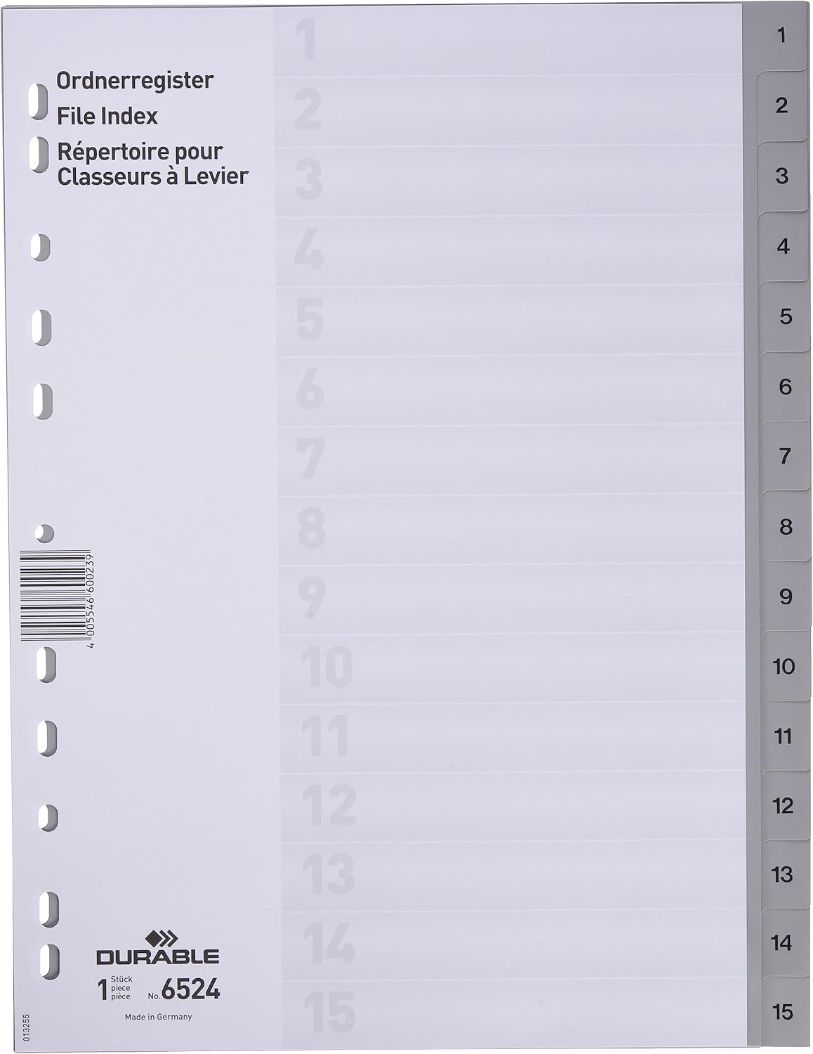 DURABLE Hunke &Jochheim Index Polypropylene 1–15, Grey, A4 215/230 x 297 MM, 15 Sheets