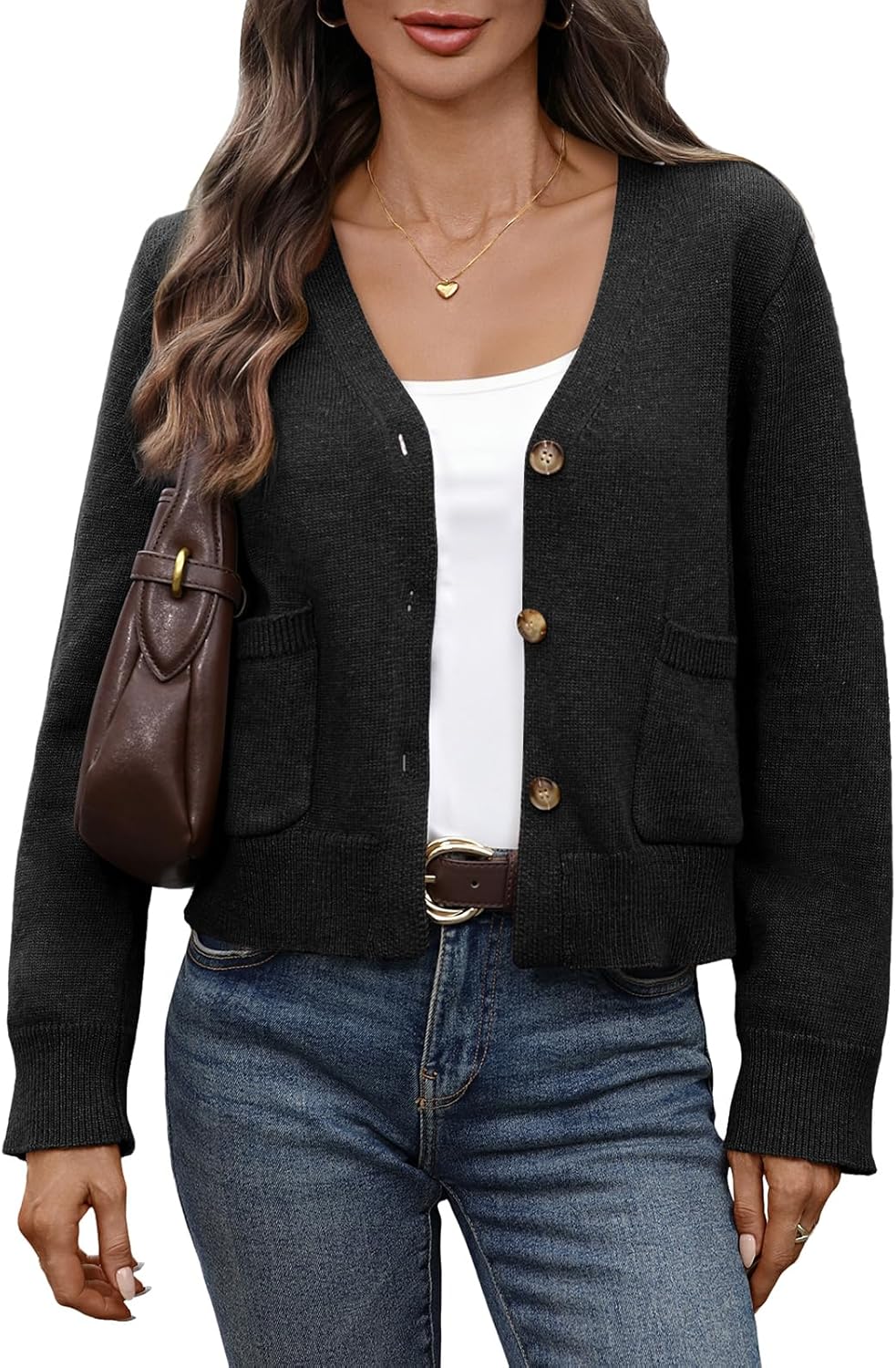 Women's Oversize Cropped Cardigan Sweater Wool Blend V Neck Long Sleeve Drop Shoulder Button Down Sweater with Pockets