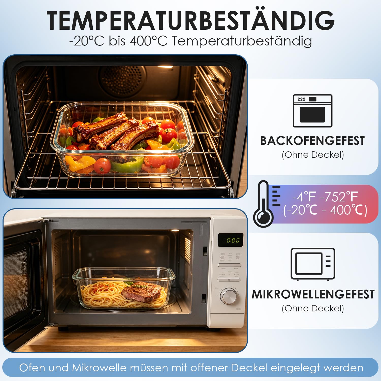 Hotec Set di contenitori salvafreschezza in vetro, 20 pezzi (10 contenitori, 10 coperchi), a prova di perdite, senza BPA, adatti al microonde, al forno, al congelatore e alla lavastoviglie, in vetro