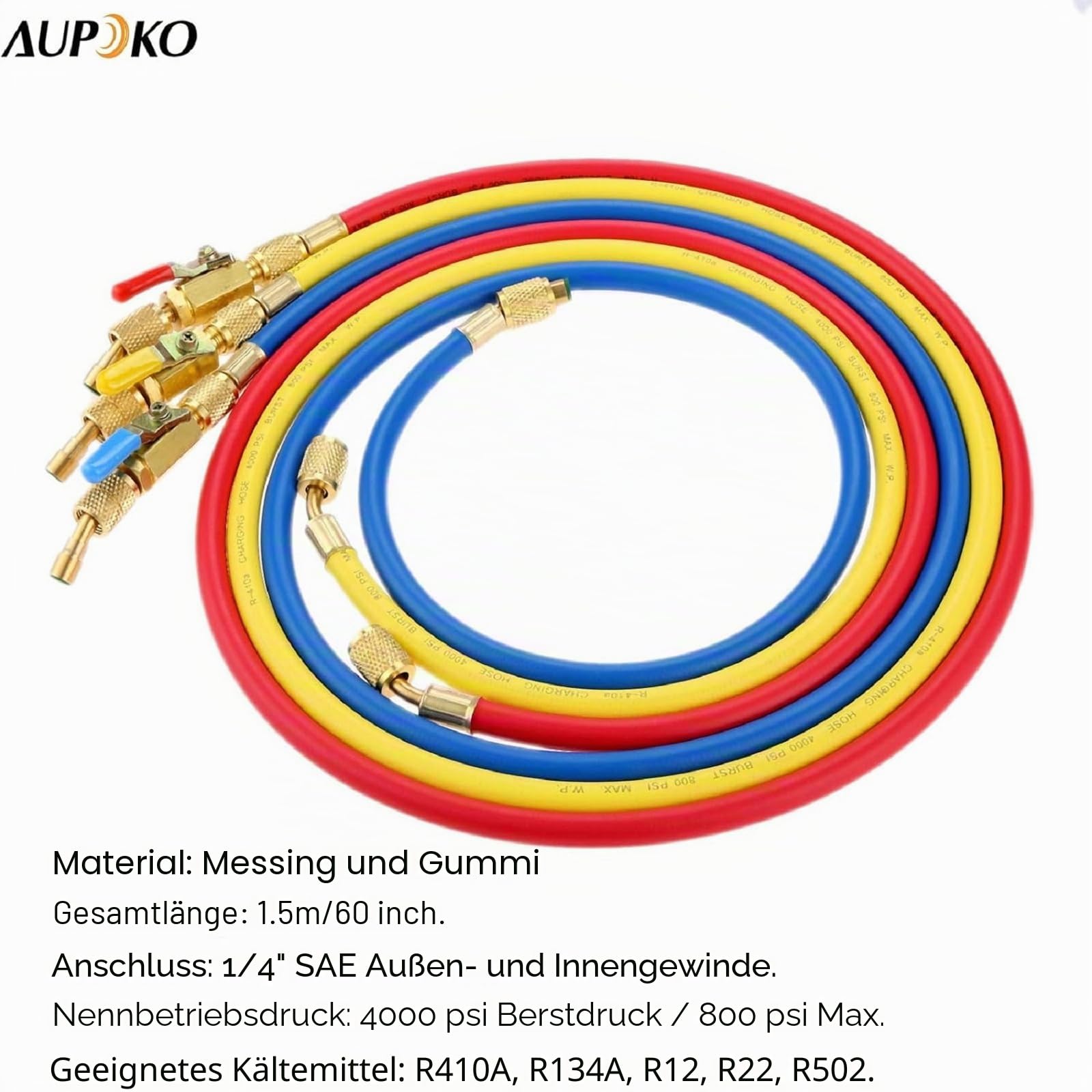 Aupoko Kältemittel-Klimaanlagen-Ladeschläuche mit Kugelventilen, 3-Farben 60" R410A HVAC 1/4" SAE 800 PSI Arbeitsdruck, passend für R134A R12 R22 R502 R404 Kühlmittelzugabe und Klimaanlagenwartung