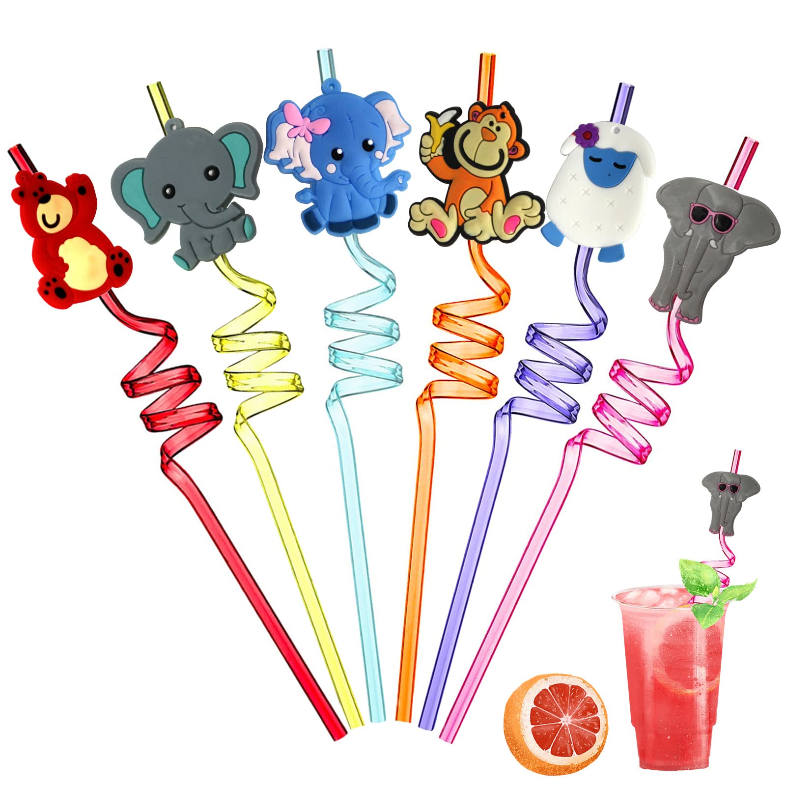 6 Pieces Plastic Straws Reusable Crazy Straws for Kids Reusable Anti Wrinkle Straw with 6 Different Animal Patterns Monkeys Elephants Bears Sheep Twisty Straws for Birthday Party Family Reunion