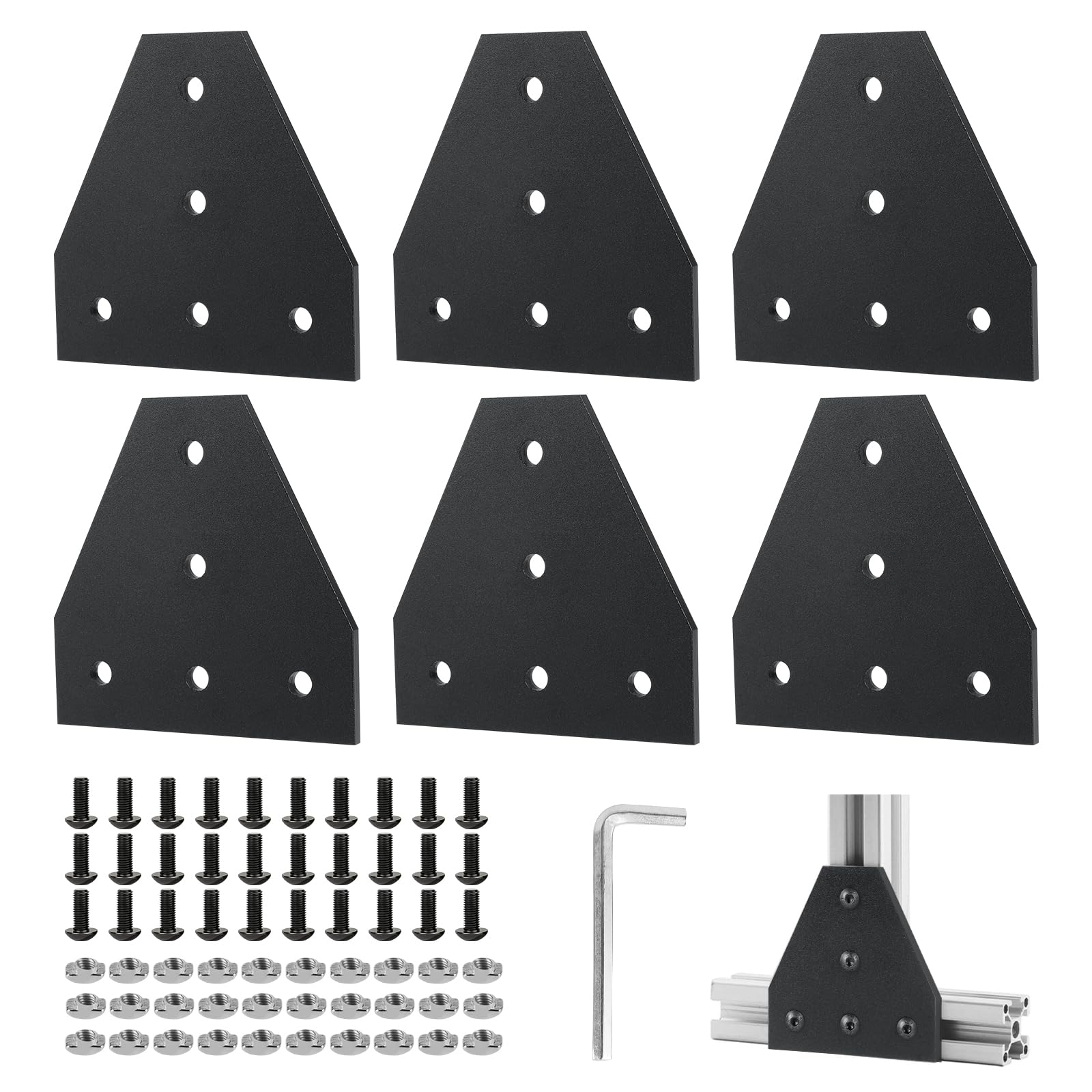 EXLECO 6er Eckhalterung Verbindungsplatte Aluprofil 40x40 Eckhalterungsplatte Eckwinkelplatte T Profil Aluminium mit Muttern Schrauben Sechskantschlüssel für 9mm Schlitz Aluminiumprofil, Schwarz