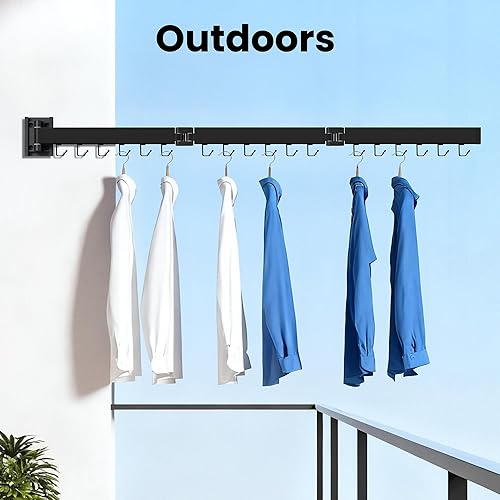 Miniatura 6 de Tendedero para ropa montado en la pared, retráctil plegable (tres pliegues) ahorrador de espacio, negro con 18 ganchos para lavandería, organización