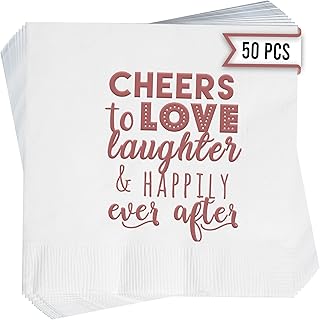 Cheers to Love and Laughter Wedding Cocktail Napkins – 50 PCS 3-Ply Funny Wedding Napkins For Reception, Bridal Shower, Rehearsal Dinner, and Engagement Party Decorations - White and Rose Gold