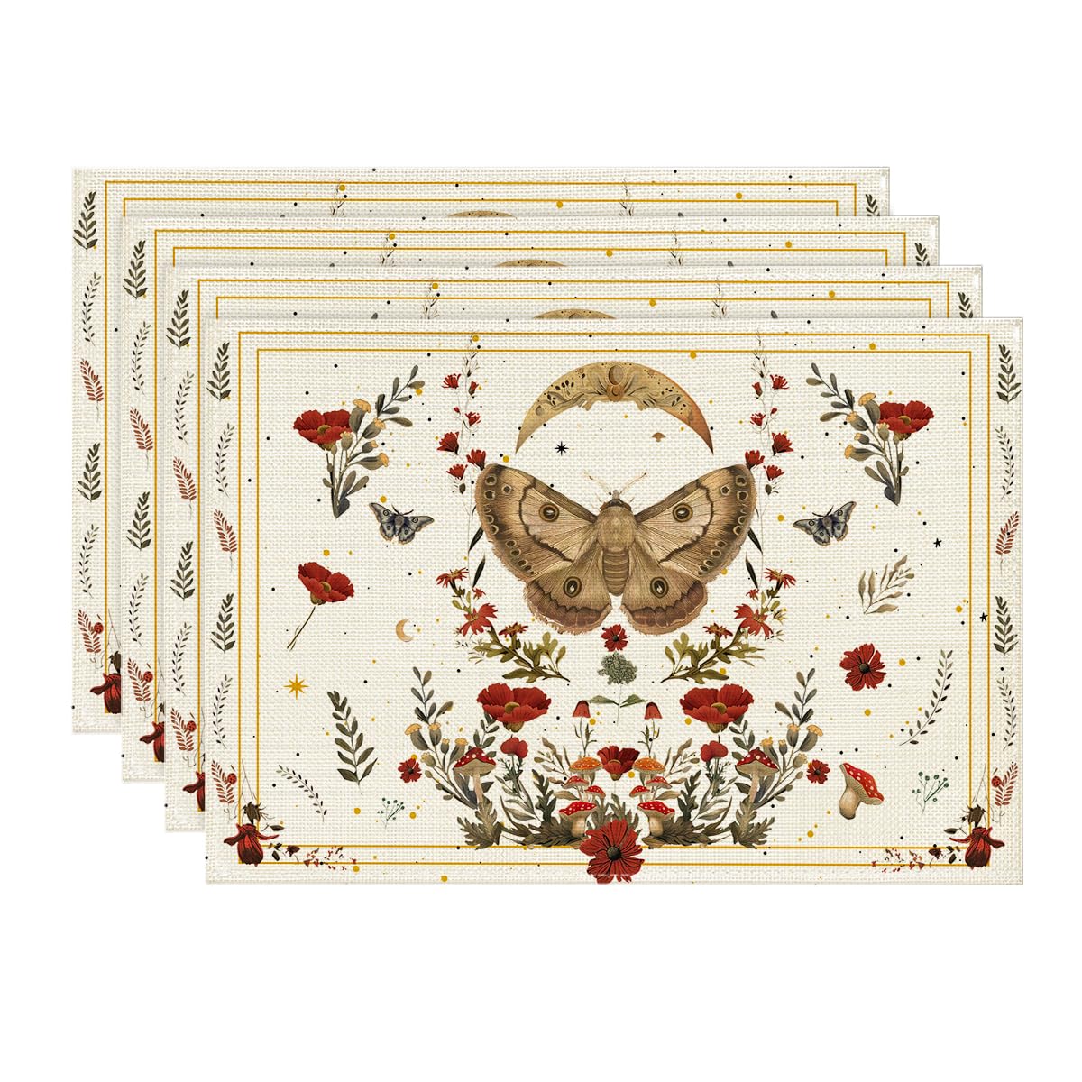 Artoid Mode Beige Poppy Moth Moon Placemats Set of 4, 12x18 Inch Floral Spring Table Mats for Outdoor Home Party Kitchen Dining Decor