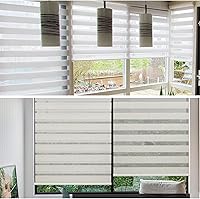 Vista 6 de HTTMT - Persianas enrollables cebra [69 pulgadas de ancho x 72 pulgadas de alto] blancas, inalámbricas, de doble capa, control de luz transparente