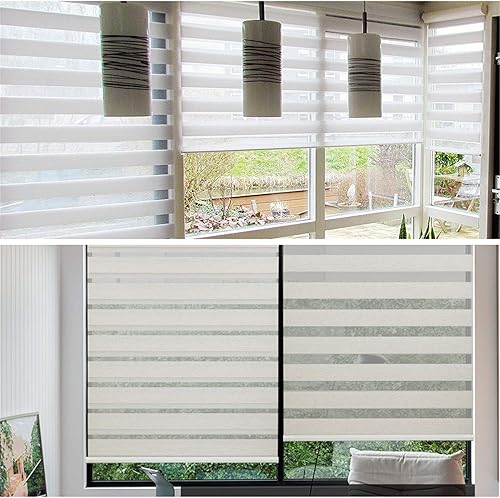 Miniatura 6 de HTTMT - Persianas enrollables cebra [69 pulgadas de ancho x 72 pulgadas de alto] blancas, inalámbricas, de doble capa, control de luz transparente o