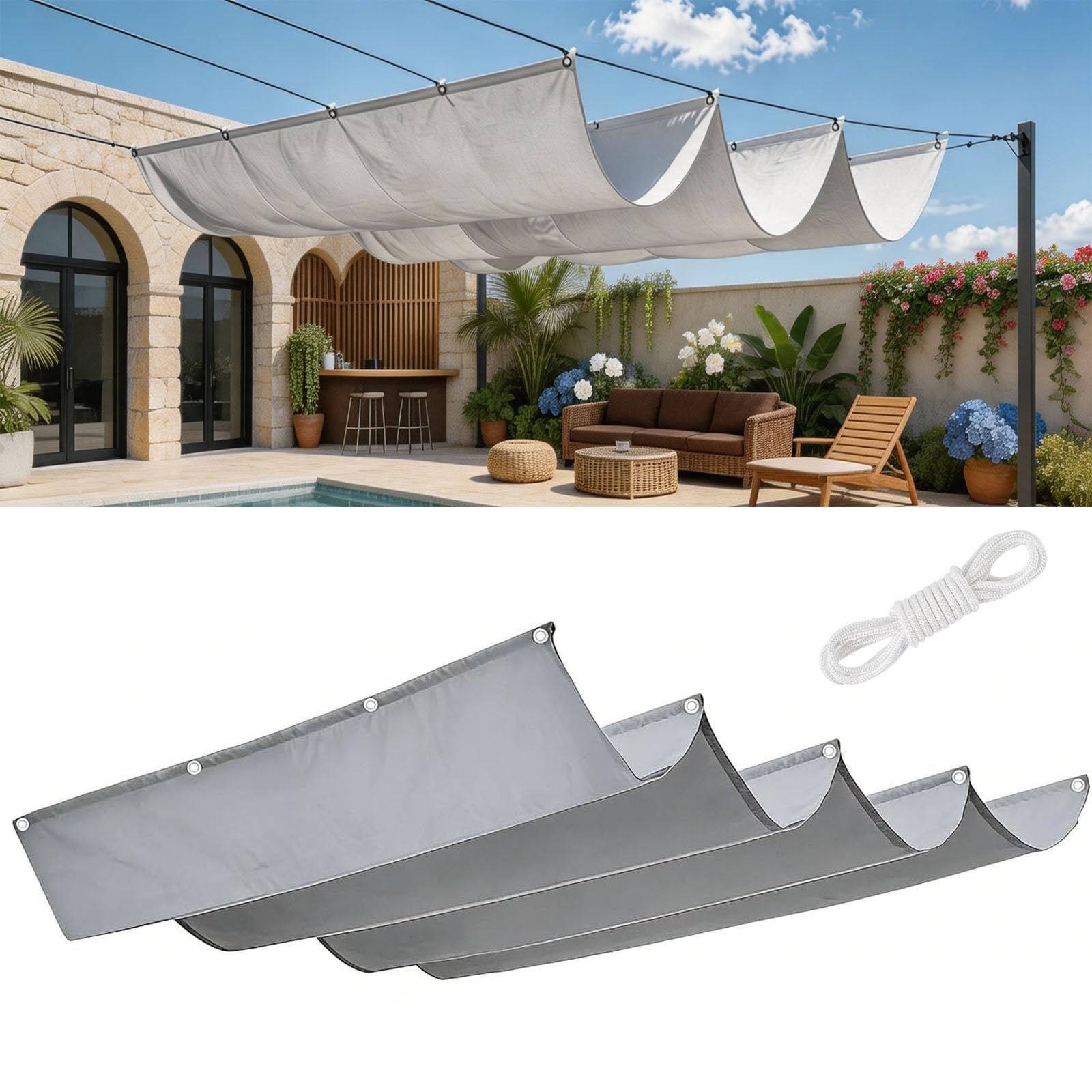 Rétractable Vague Voile d'ombrage 2.9 x 5.1 m Rectangulaire Imperméable Anti-UV et Indéchirable Contre Le Vent Filet Protection Solaire pour Patio Jardin Terrasse, Gris Clair