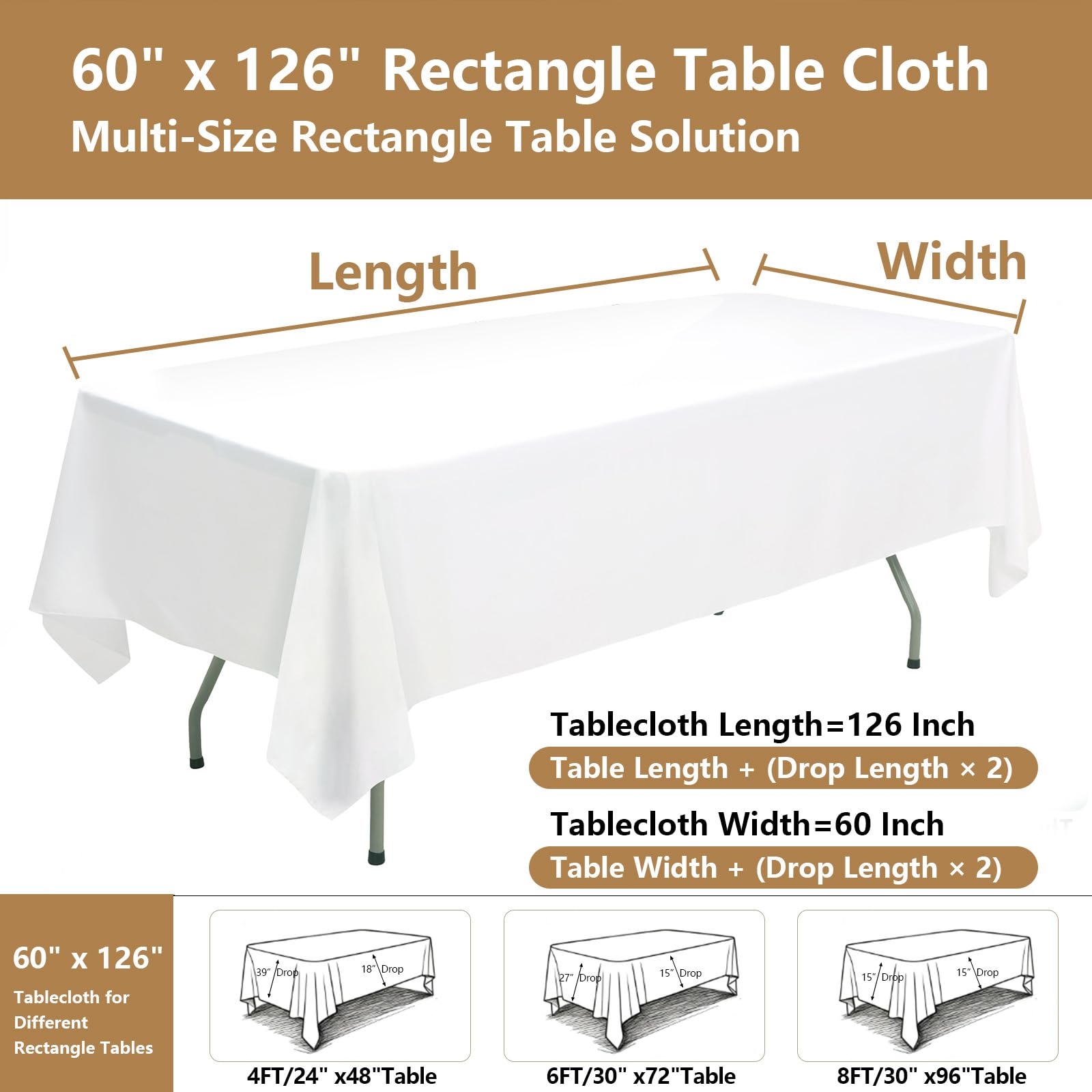 Mantel rectangular, mantel blanco para mesas rectangulares de 8 pies, resistente a las manchas y mantel de poliéster lavable para fiestas, bodas y banquetes (paquete de 10, 60 x 126 pulgadas)