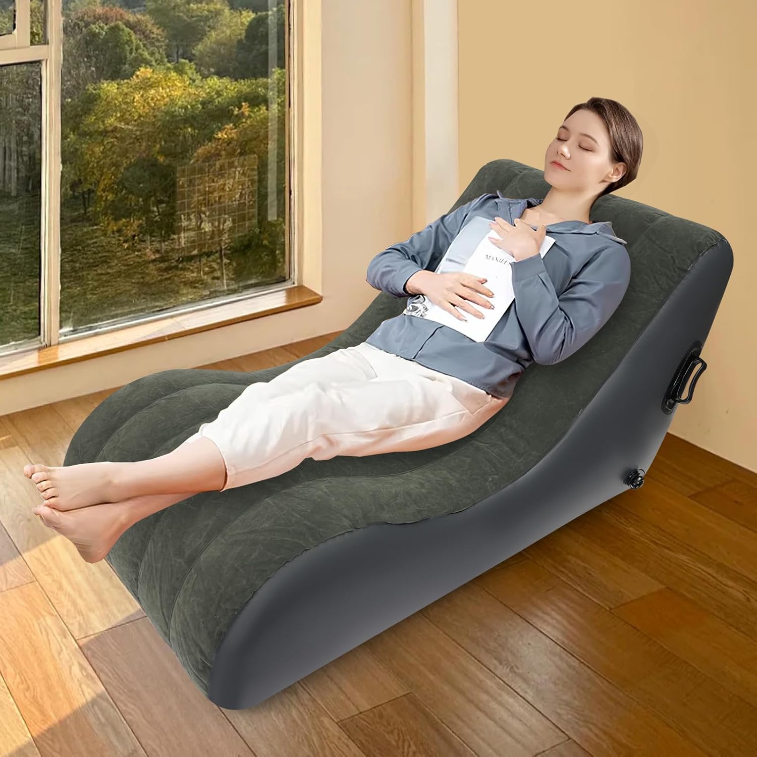 Air Mattress Bed S-Shape Inflatable Sofa with Pump, Inflatable Chair Air Couch Flocked Surface, Waterproof Portable Blow Up Bed for Camping, Lounge Beds for Afternoon Rest (Gray)