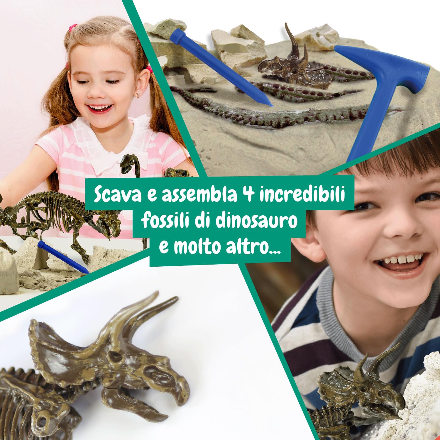 Science4you - Kit Dinosauri 4 in 1 - Fossili da Scavare e Assemblare di 4 Dinosauri: T Rex, Stegosauro, Triceratopo e Velociraptor - Scheletro Dinosauro da Construire, Giocattoli per Bambini +6 Anni