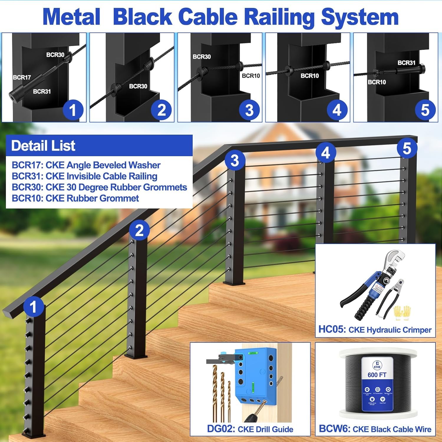 CKE 30 Pairs Black Invisible Cable Railing kit 1/8" Swage Tensioner Hardware and Terminal Hidden T316 Stainless Steel Invisible Receiver and Swage Stud End for 2"x2" 4"x4" Wood/Metal Post Deck Stairs