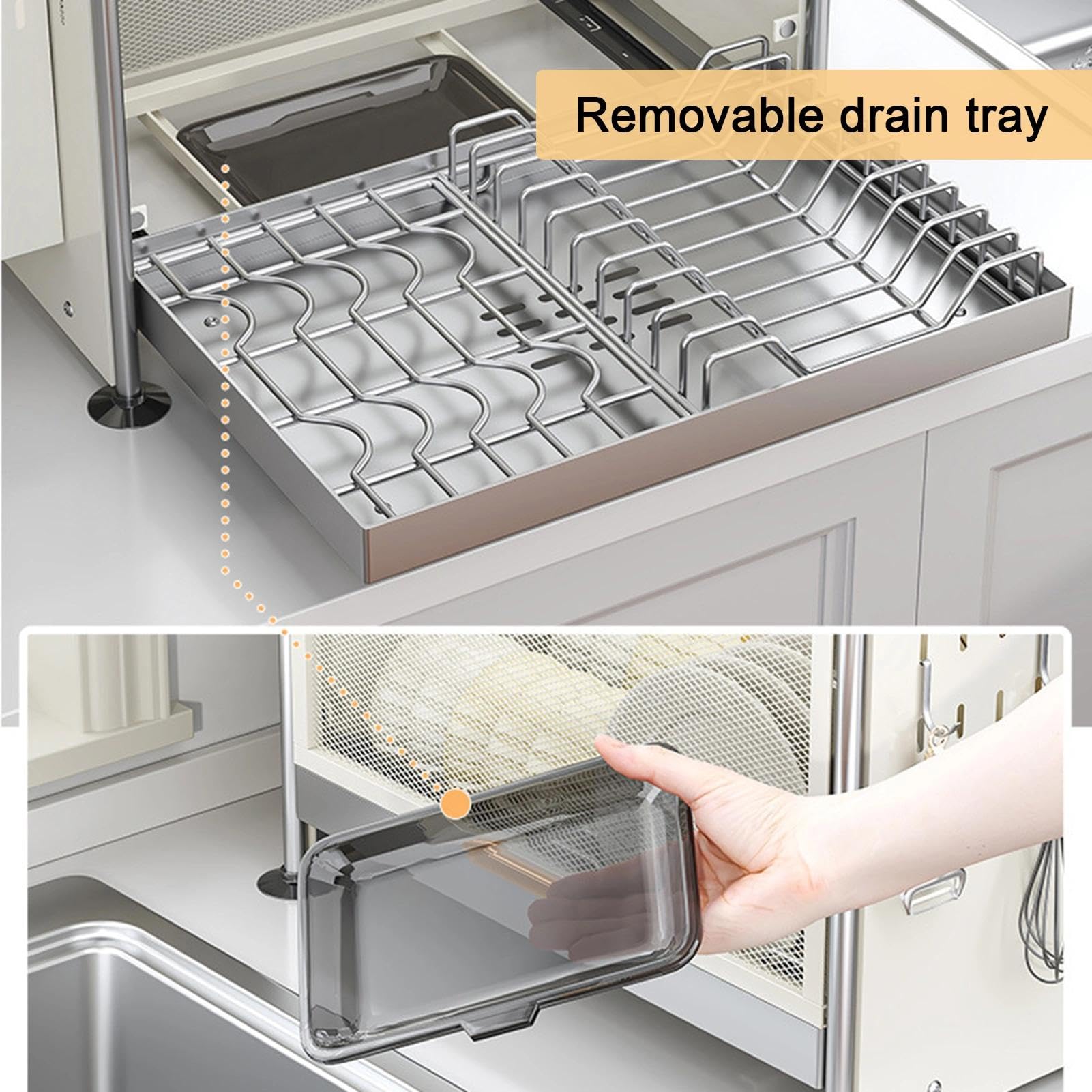 Escurridor de platos resistente con tapa, estante grande de plástico para platos y tazas con agujeros de drenaje, organizador de cubiertos, para encimera de cocina