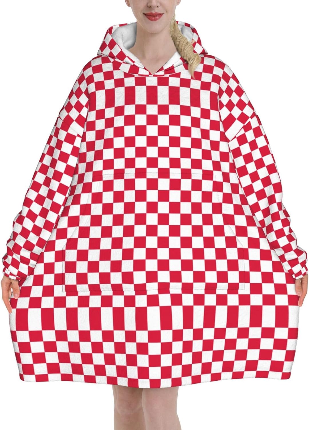 Red Checkered White Squares Print Blanket Hoodie Fleece Sweatshirt Blanket With Sleeves And Pockets