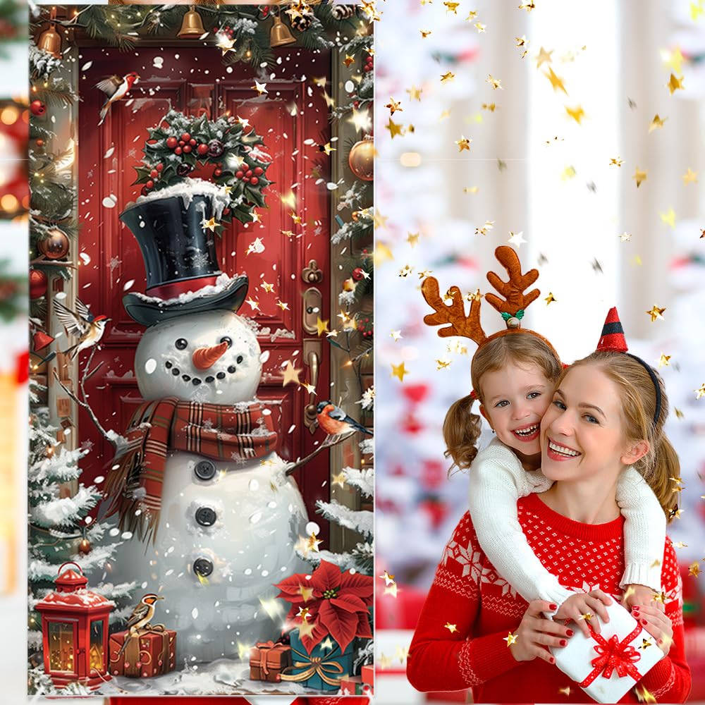 MEHOFOND 2.95x6ft Christmas Xmas Door Decorations Banner Winter Snowman Decorations Front Door Banner Merry Christmas Family Party Photo Background Cover Outside Indoor Porch Props - Image 2