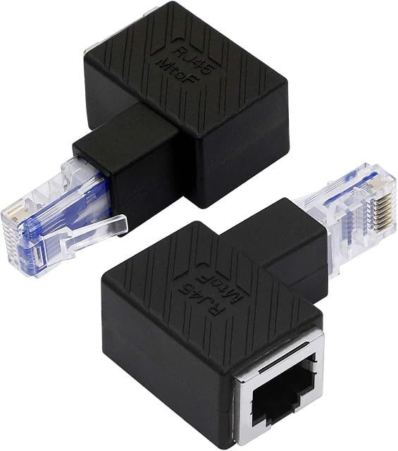 YACSEJAO Cat5e/Cat6 RJ45 Ethernet Adapter2Pack 90 Degree Ethernet RJ45 / 8P8C Male to Female Right Angle Adapter Support Cat6 / Cat5e (Down)
