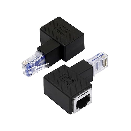 Vista 12 de YACSEJAO Adaptador Ethernet RJ45 Cat5e/Cat6, paquete de 2 adaptadores Ethernet de 90 grados RJ45 / 8P8C macho a hembra adaptador de ángulo recto