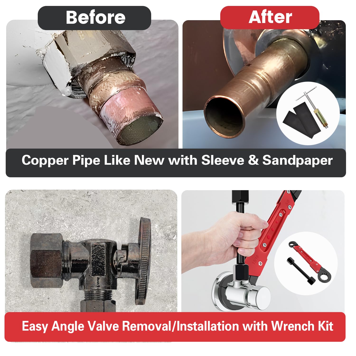 Kit de 6 herramientas de fontanería con llave de tope angular y extractor de manga de compresión de 1/2 pulgada, llave de fontanero profesional, papel de lija y bolsa de almacenamiento para