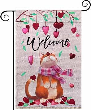 Valentines Day Garden Flag, ESTTOP 1218 Inch Double Sided Vertical Welcome Cat Heart Yard Flag, Farmhouse Rustic Valentines Day Decor for Outdoor
