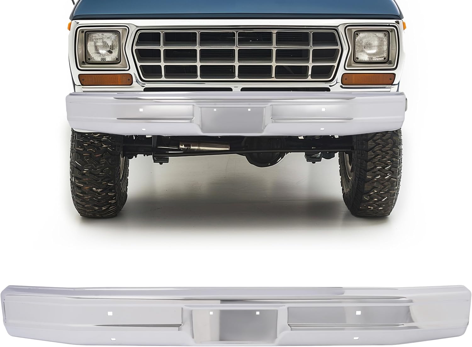 KUAFU Front Bumper Face Bar Compatible with 1980-1986 Ford Bronco F100 F150 F250 F350 w/License Plate Replacement for E1TZ17757A, FO1002167 Chrome Silvery