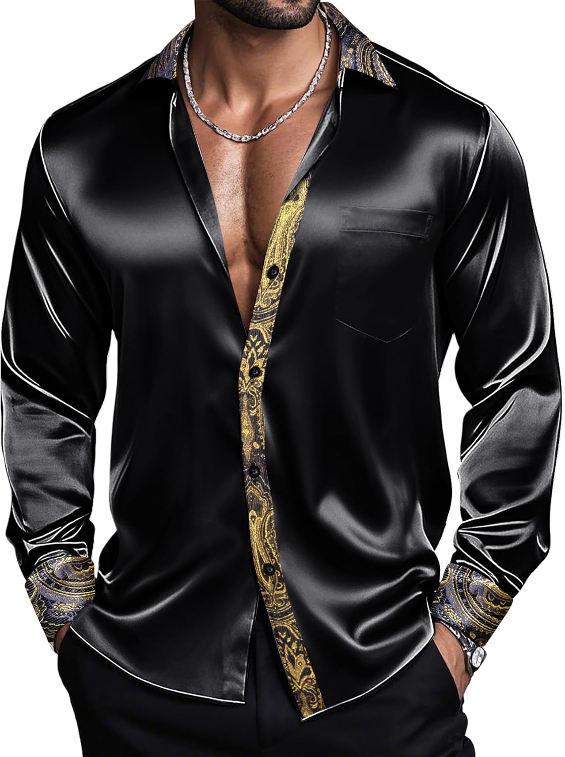 Barry.Wang Mens Satin Silk Shirts Long Sleeve Designer Dress Shirt Shiny Untucked Casual Button Down Shirt Party Disco Formal