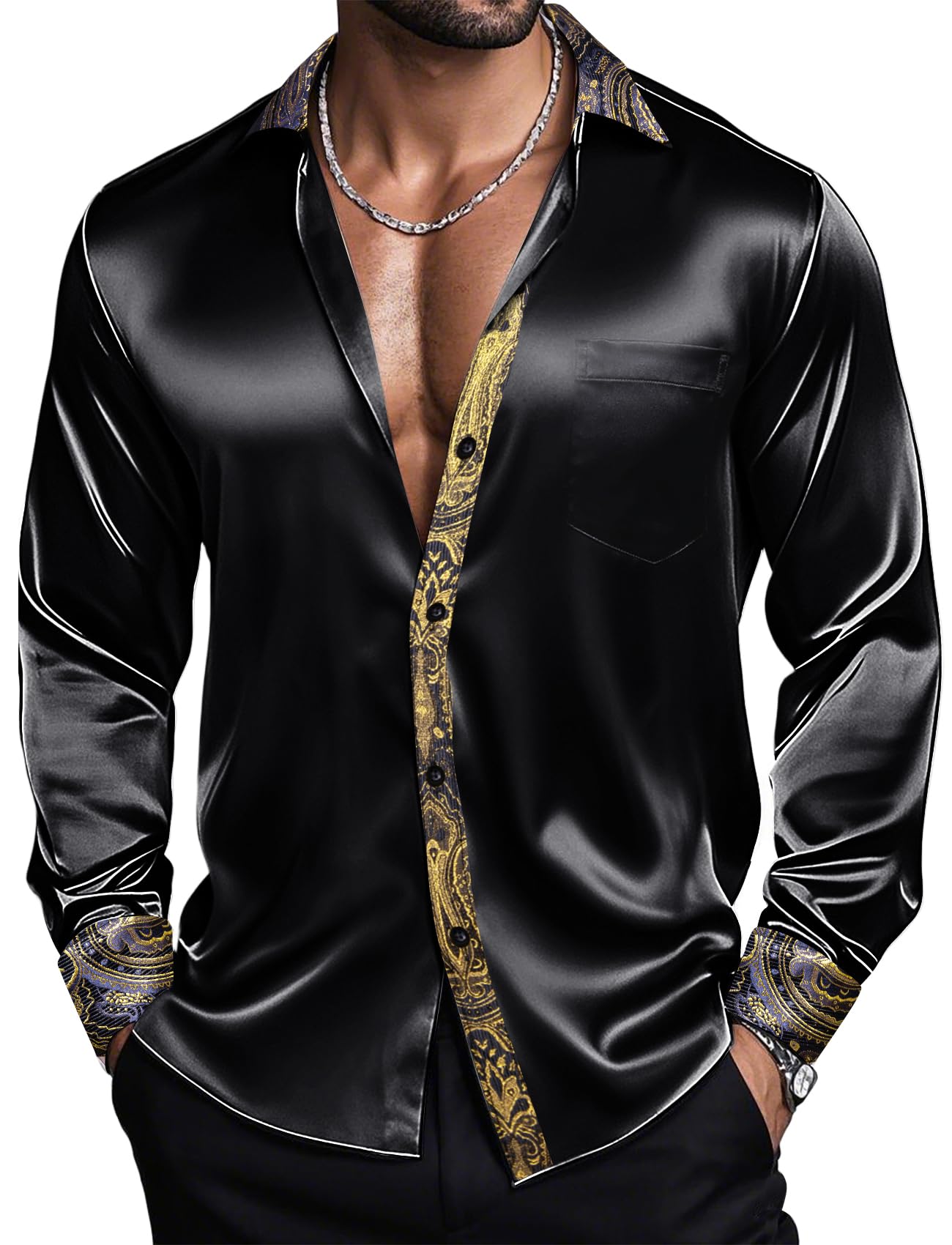 Barry.Wang Mens Satin Silk Shirts Long Sleeve Designer Dress Shirt Shiny Untucked Casual Button Down Shirt Party Disco Formal