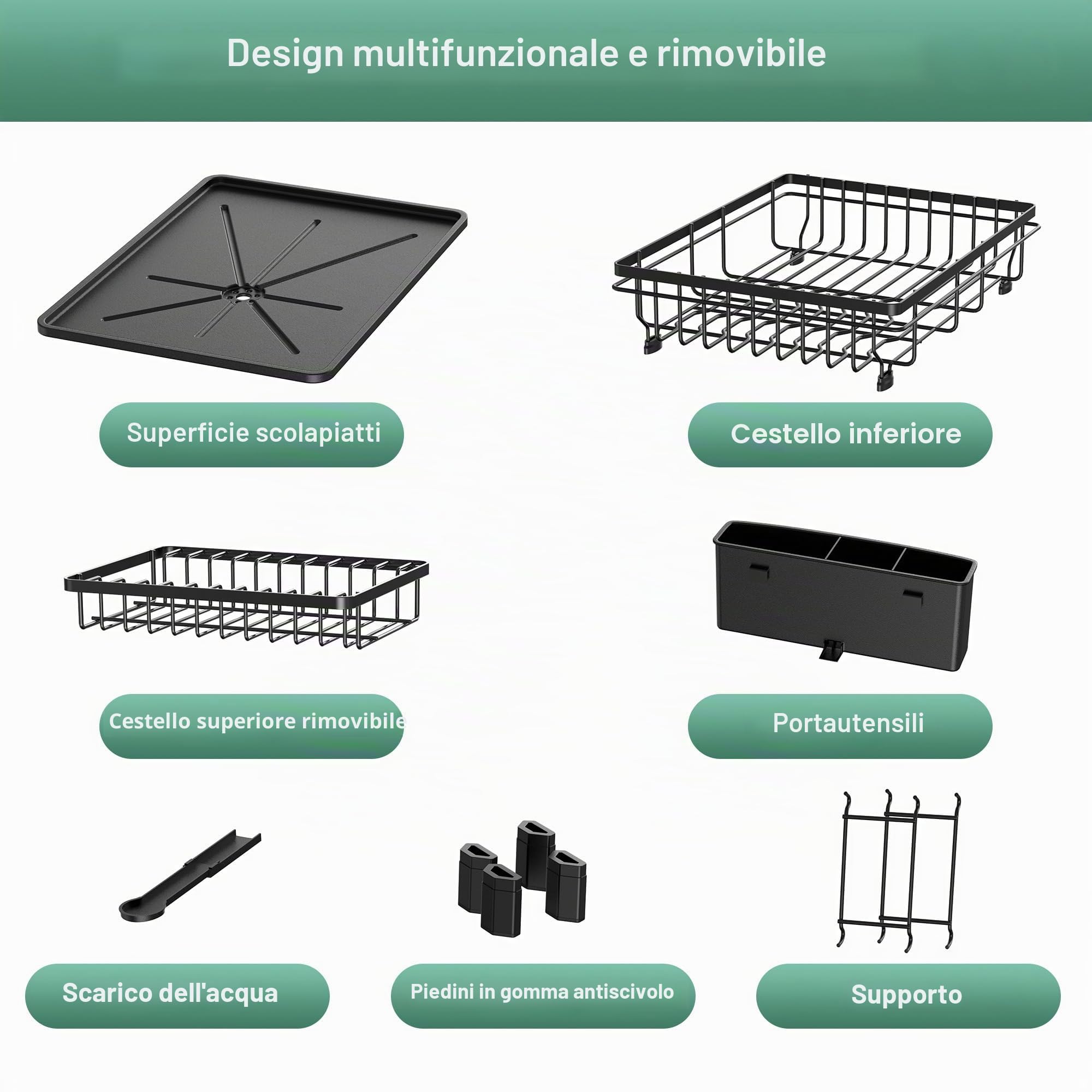 Rottogoon Scolapiatti grande a 2 ripiani in acciaio inox per bancone della cucina, resistente, con scolapiatti per vari utensili da cucina, nero