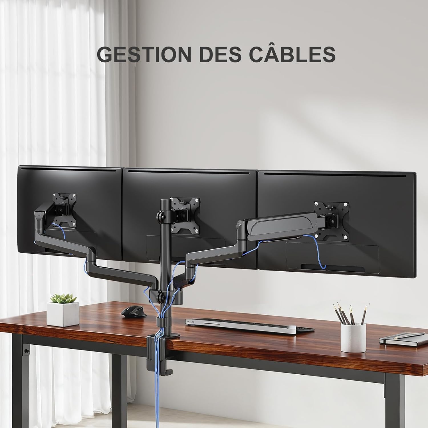 WALI Support Écran PC 3 Écran,Bras Écran PC pour Écrans Jusqu'À 32 Pouces,Pied Écran Réglable en Hauteur, VESA 75 Et 100mm,Capacité De Charge 8kg (GSDM003),Noir