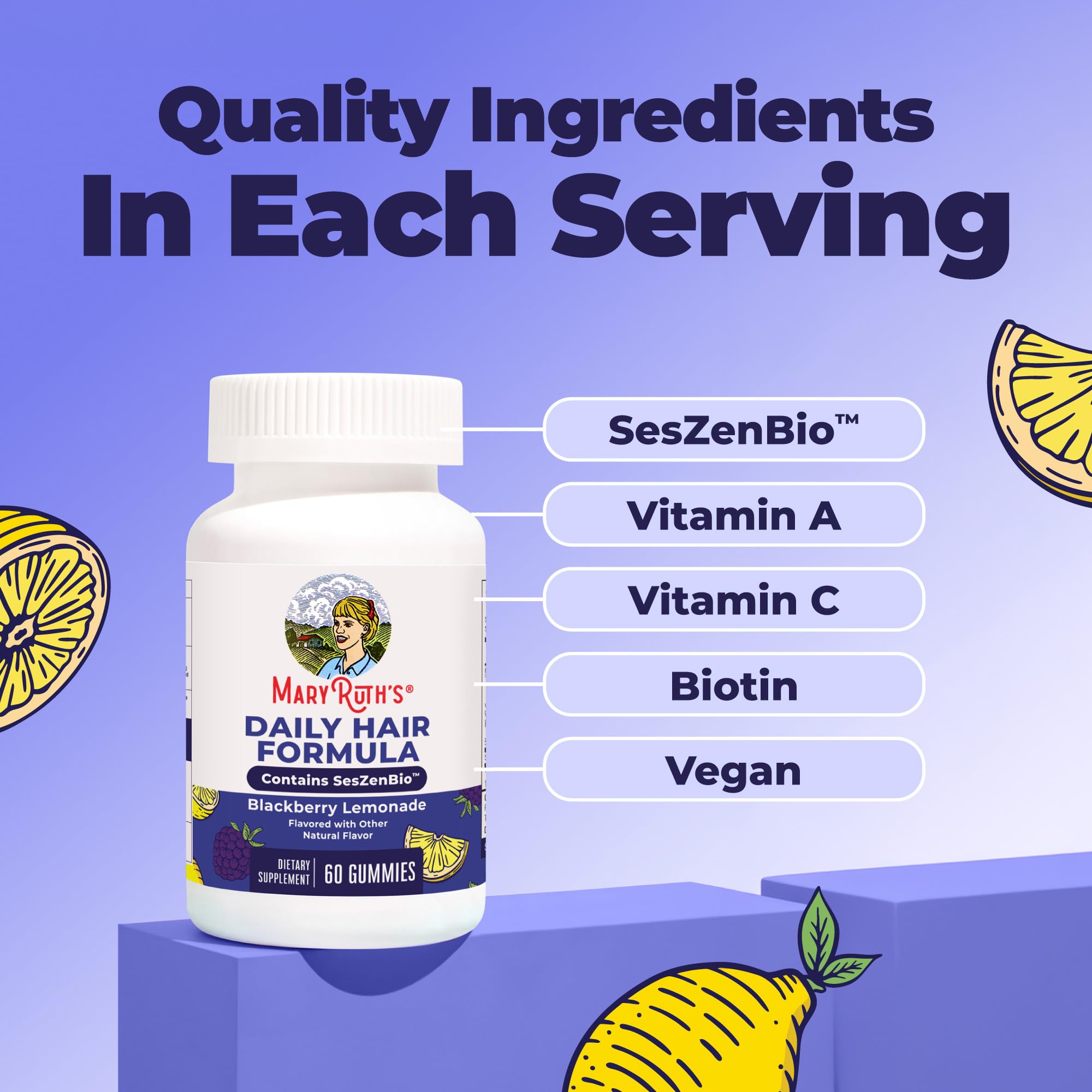 MaryRuth's Daily Hair Formula Gummies | with 500 mg SesZenBio + 2,500 mcg Biotin | Thicker, Denser Hair for Women | Vitamins A & C | Hair, Skin, & Nail Health | Collagen Production | 60 ct — Amazon image 5