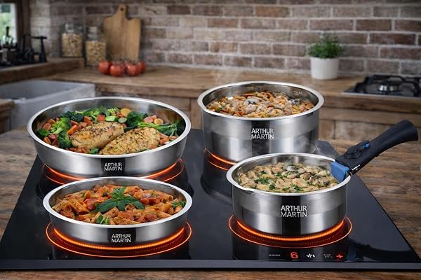 ARTHUR MARTIN - Batterie de Cuisine 10 Pièces en Inox, Casseroles Et Poêles Antiadhérentes, Couvercles, Ustensiles Inclus, Compatible Tous Feux, Poignée Amovible, Finition Satinée - 4
