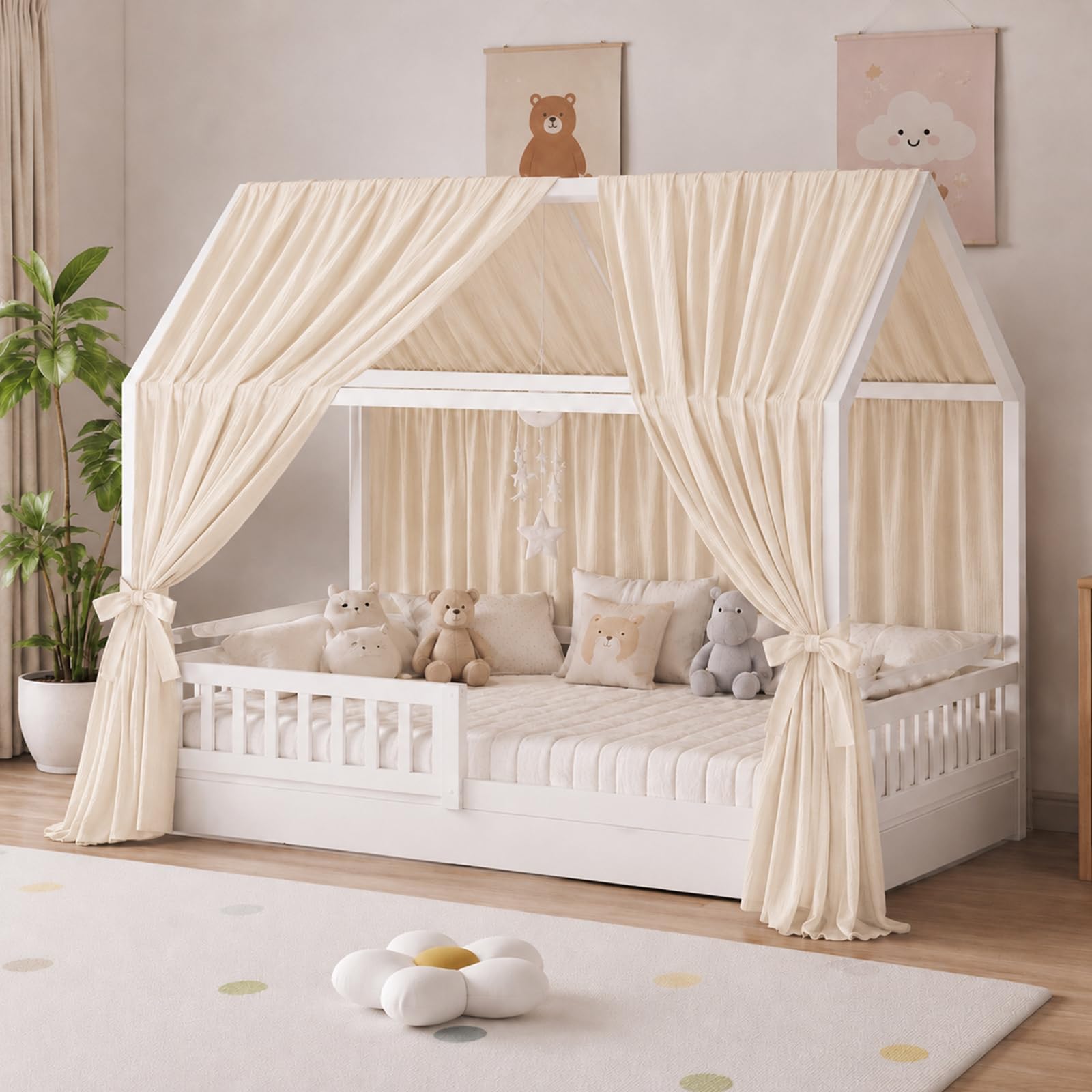 2 Stück Hausbett Himmel, Betthimmel Hausbett aus 100% Musselin Baumwolle, Bett Vorhang für Hausbett Deko, Stoffhimmel Baldachin für Mädchen Jungen(Beige, H350 x B135 cm (2 Stück))