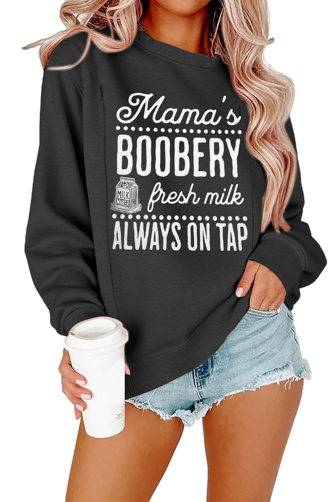 Mutterschafts-Still-Sweatshirt für Damen mit Reißverschluss, Stillpullover, Mamas Boobery-Print