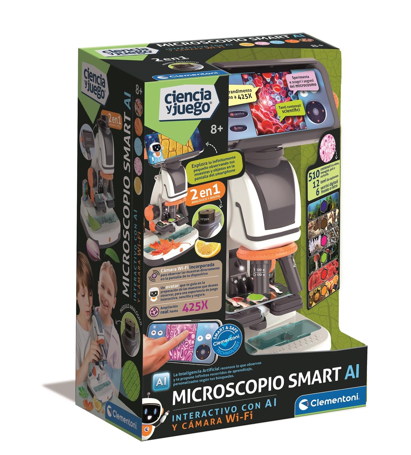 Clementoni - Microscopio Digital 2 en 1 con WI-FI - Descubre los Secretos del microcosmos - 12 Temas para Explorar - cámara WiFi con Acceso Desde App - 55623