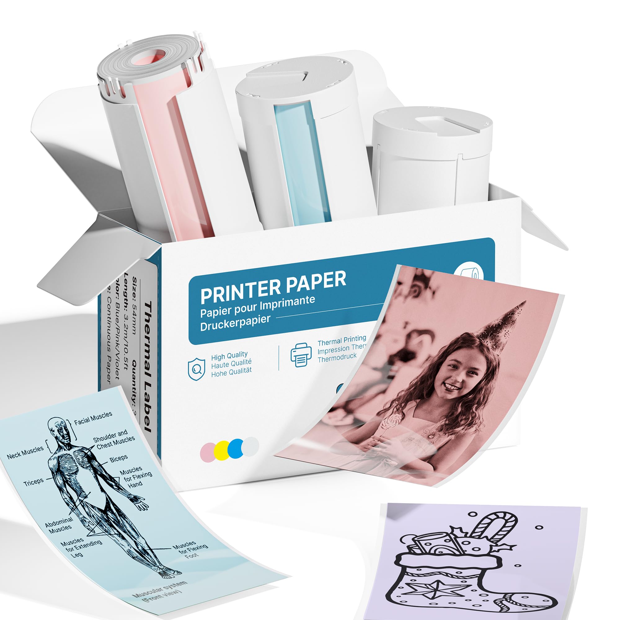 Genuine Self-Adhesive Thermal Printer Stickers, 54mmx3.2m Sticker Paper, Compatible with PM290 Mini Sticker Printer, Thermal Sticker Paper for Journal, Study, Photos, 3 Rolls, Blue/Pink/Purple โ image 1