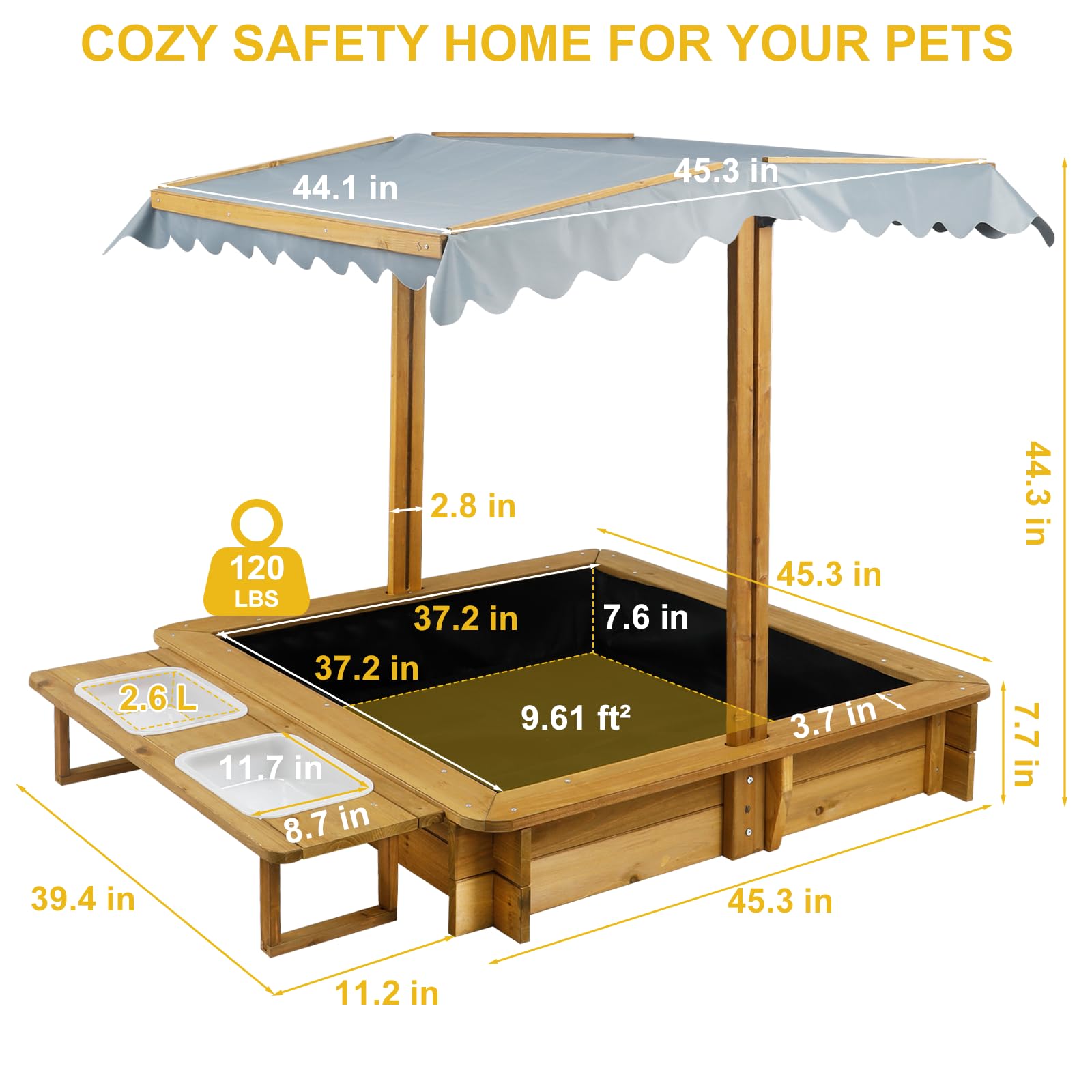 Ketive Kids Wooden Sandbox with Cover, Outdoor Sand Box with Lid 2 Side Buckets, 4 Bench Seats & All-Round Bottom Liner, UV-Resistant Canopy, Height Adjustable Roof Gift for Ages 3-8(45.3x45.3in)