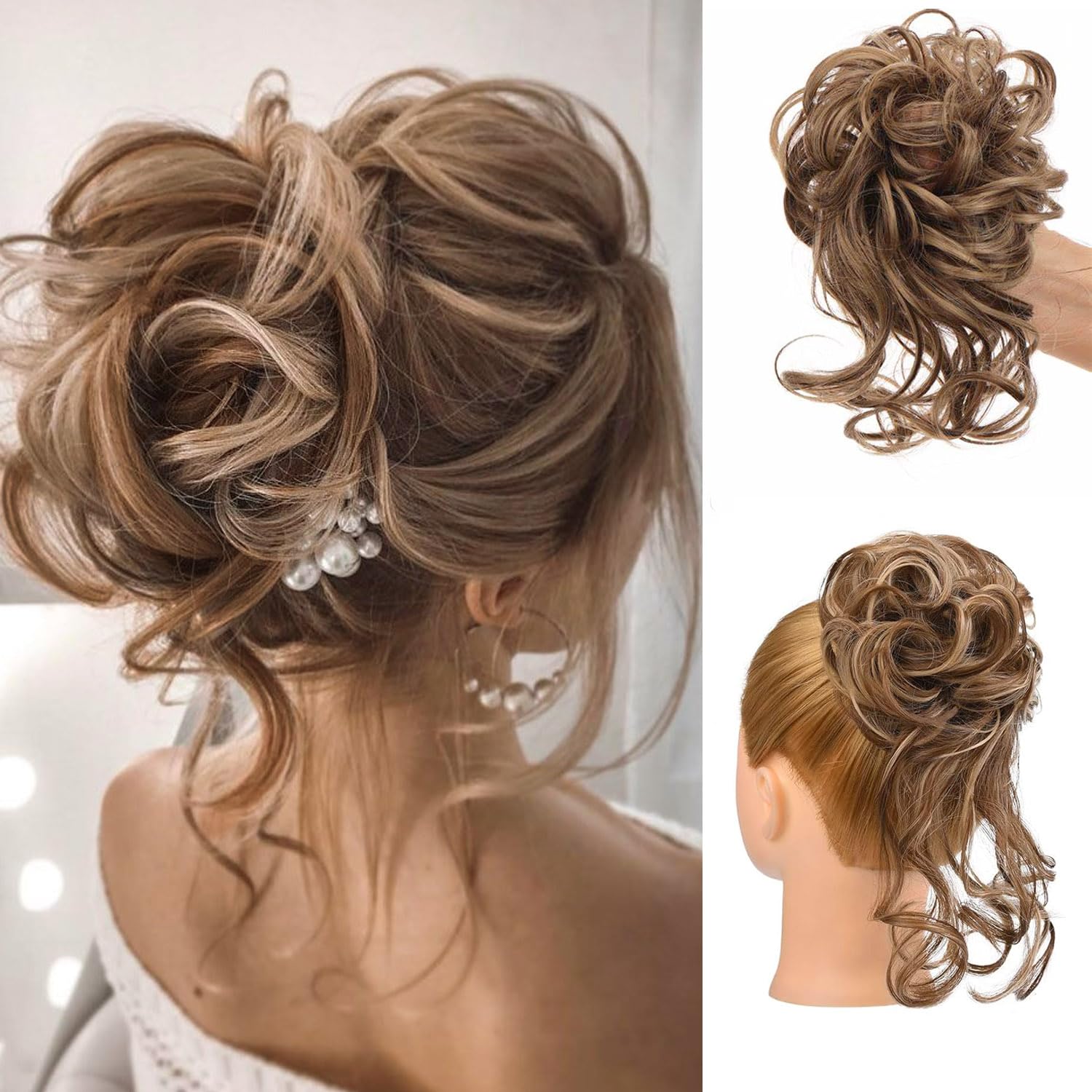 Messy Bun Hair Piece Claw Clip Synthetic Chignon Tousled Updo with Tendrils Hair Extensions Hair Bun Curly Wavy Faux Hair Bun Hair Scrunchies for